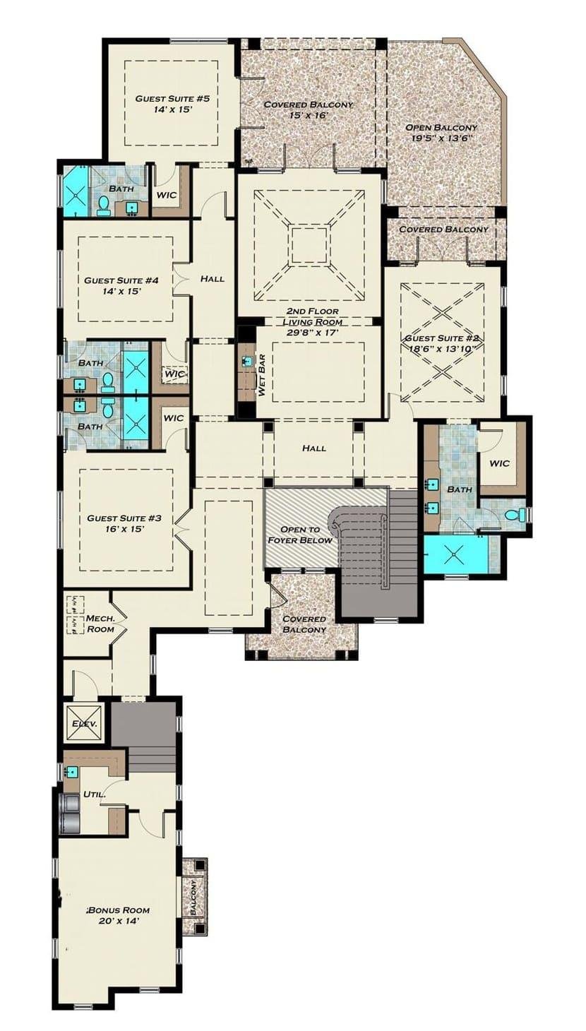 Notice the Spacious Living Room and Multiple Guest Suites in This Floor Plan