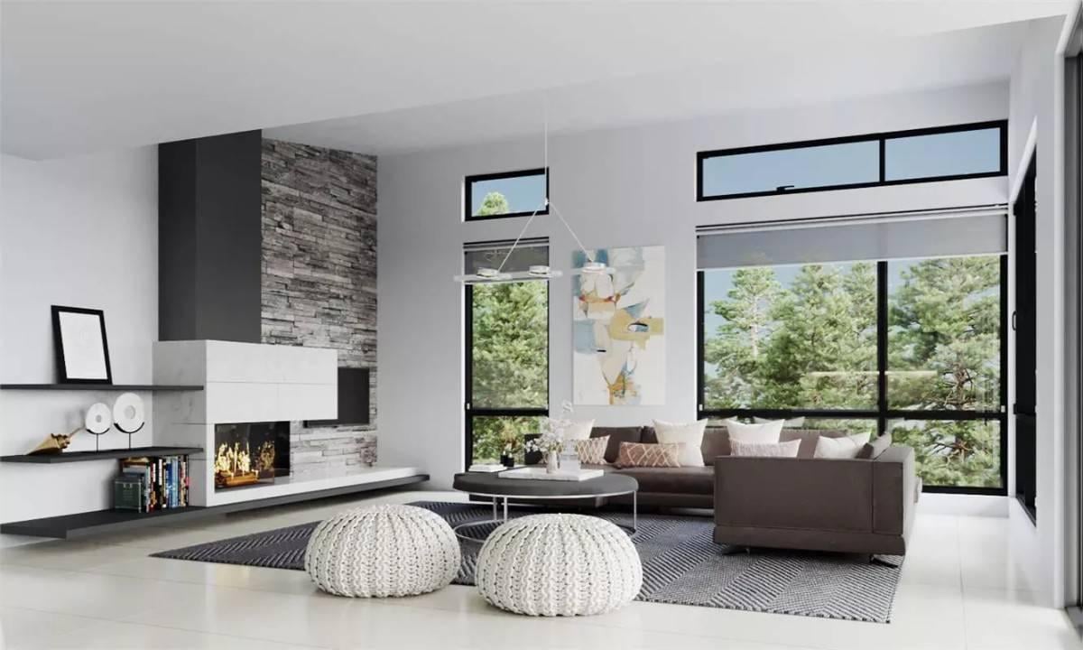 Contemporary Living Room with a Striking Stone Fireplace