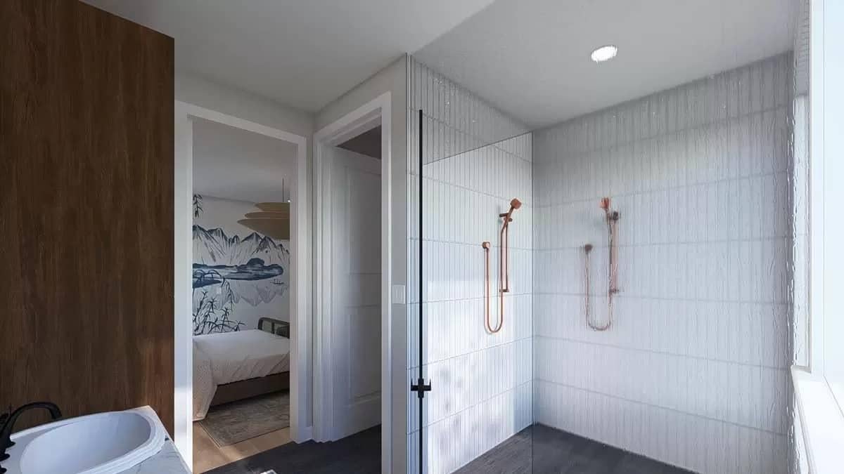 Glass Enclosed Shower with Sleek Copper Fixtures