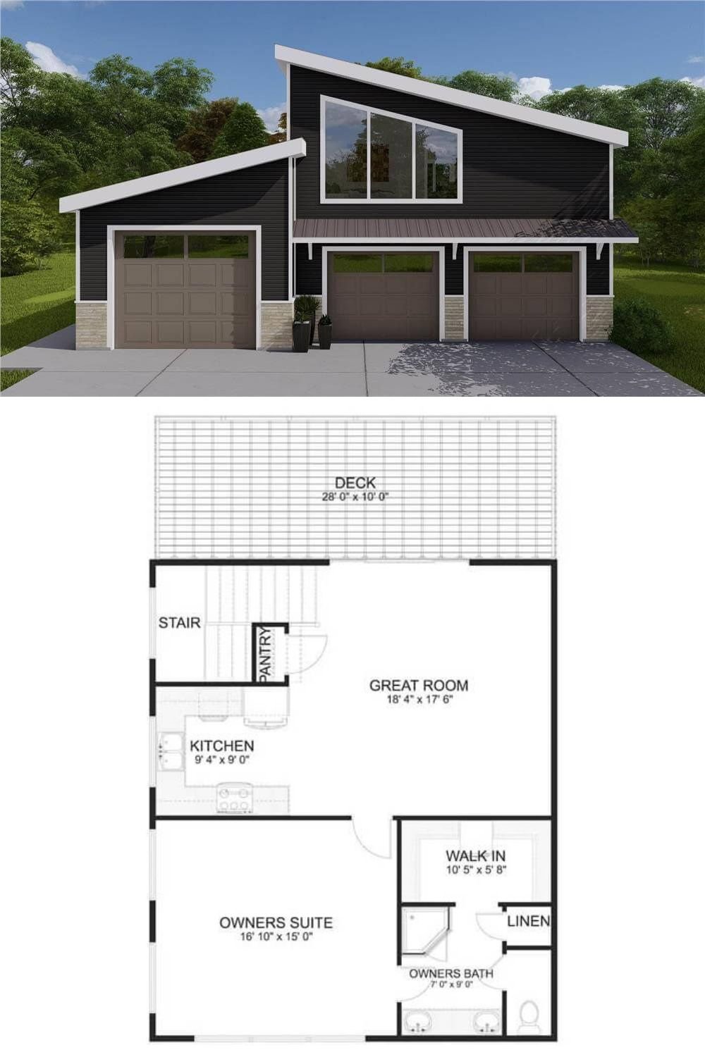 This contemporary carriage home presents a sleek and modern exterior with a bold geometric profile. The sharply angled shed-style rooflines and contrasting white trim add architectural interest and emphasize its modern design. Horizontal siding in a dark finish is paired with light stone accents at the base, enhancing the visual depth and contemporary appeal of the facade.