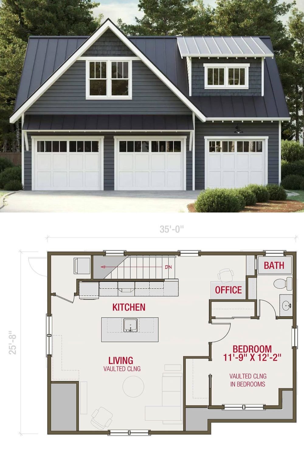 This country-style carriage home showcases a classic appeal with a steeply pitched metal roof and crisp white trim that contrasts beautifully with the darker siding. A prominent front-facing gable adds visual interest, while multiple garage doors line the main level. Above them, dormers bring natural light into the upper living areas and further enhance the home’s timeless appeal.