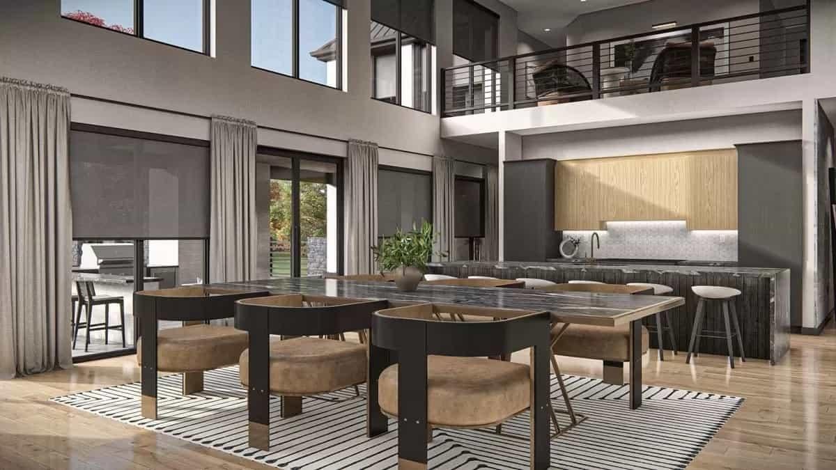 Modern Dining Area with Expansive Windows and Striking Loft View