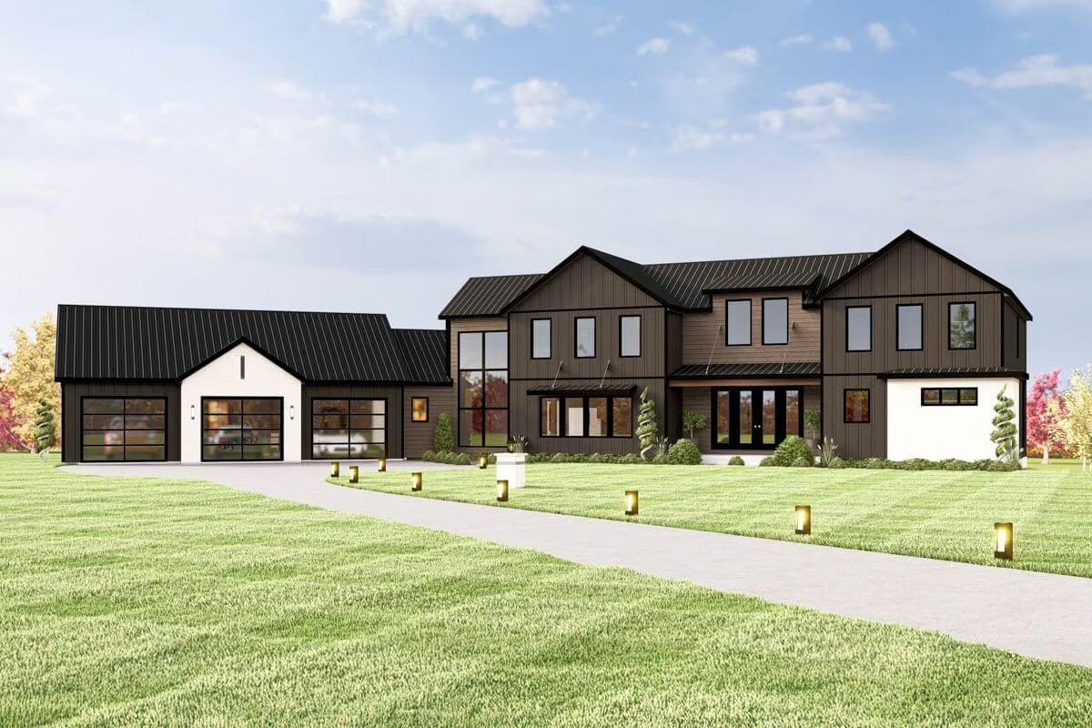 Contemporary 5-Bedroom Barn-Style Home with Angled Garage and Lower Level Expansion (Floor Plan)