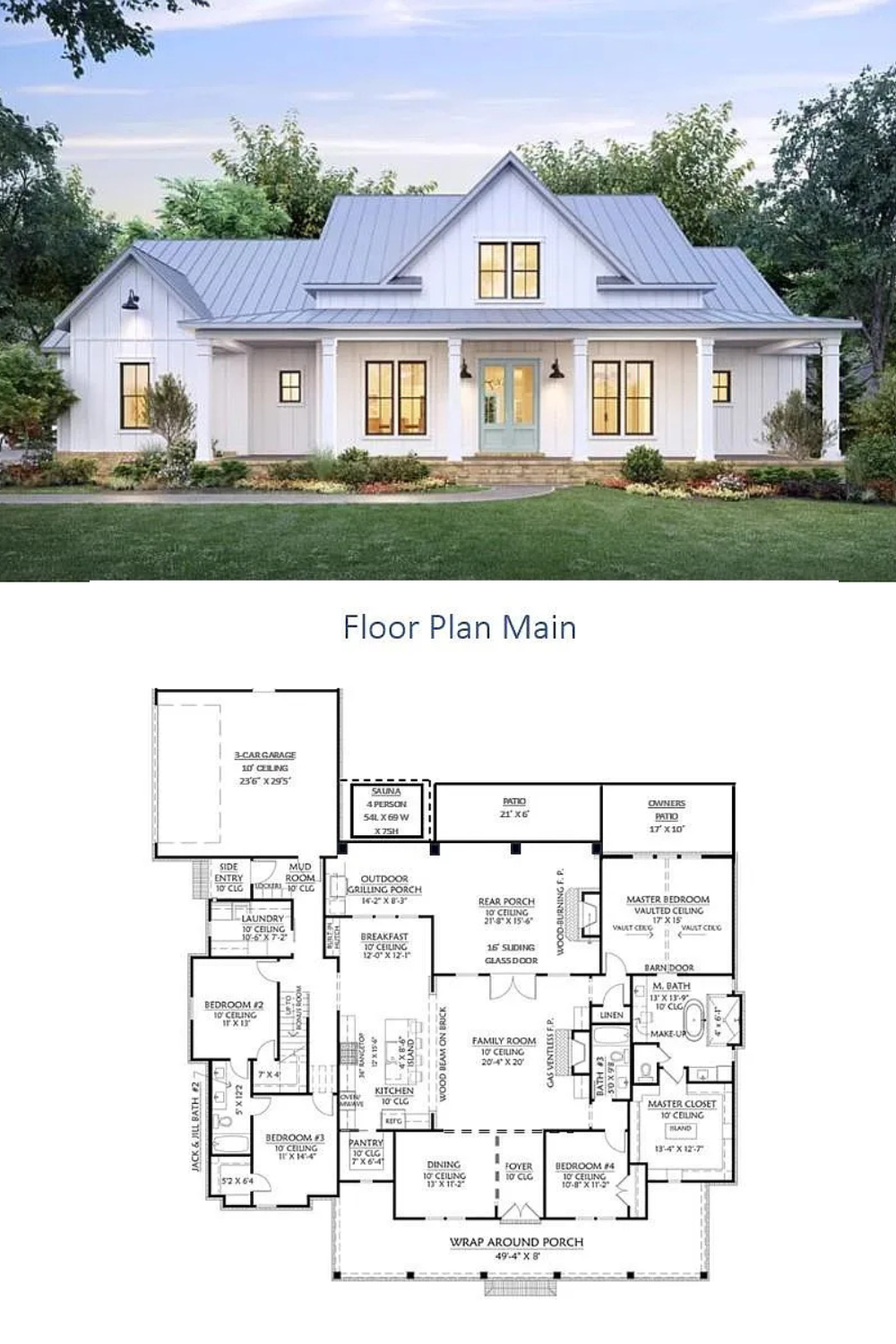 Farmhouse-Style 4-Bedroom Home with Bonus Room and Wraparound Porch (3,407 Sq. Ft. Floor Plan)