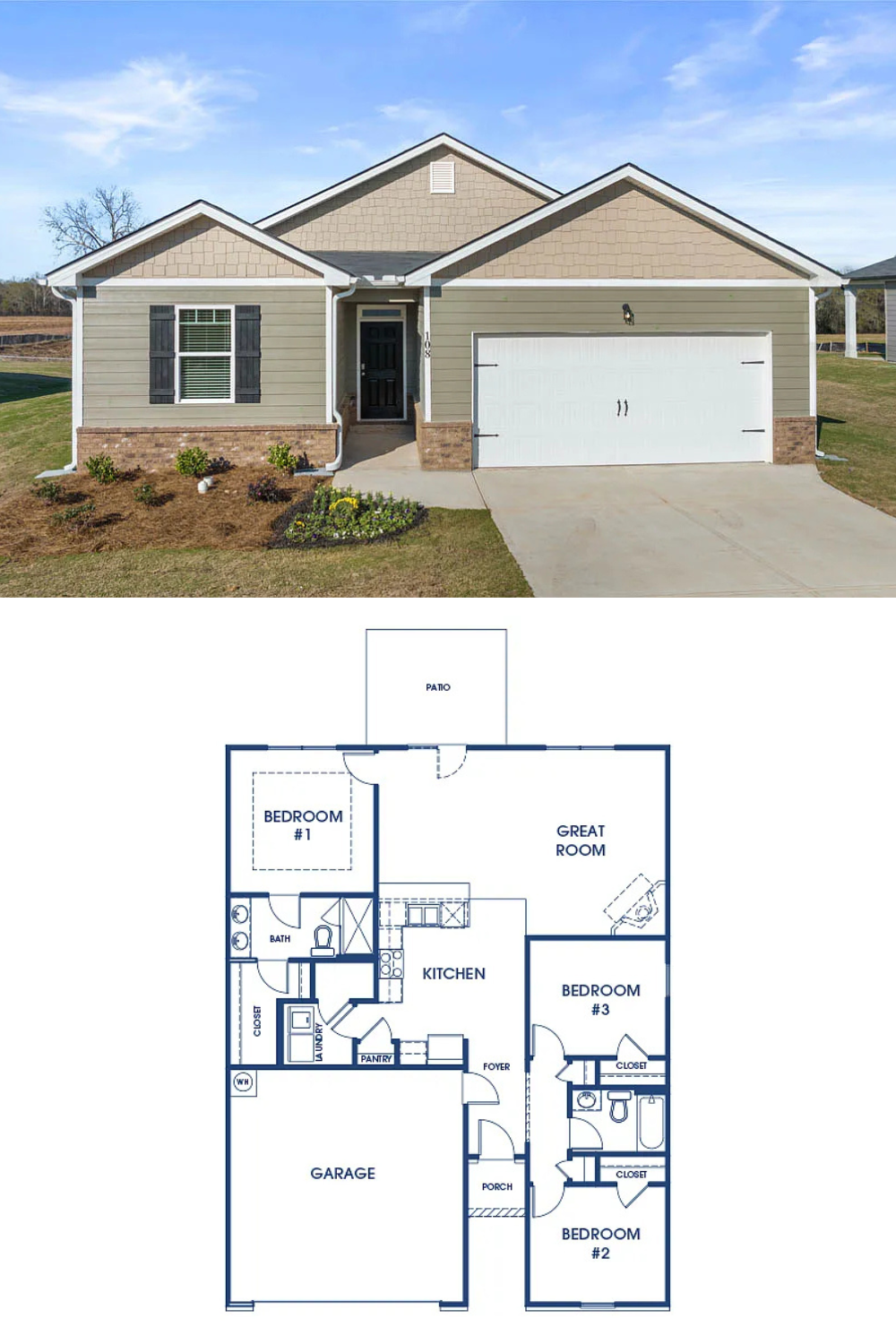 The Macon 3-Bedroom Home Modern Ranch Home with Back Patio and 2-Car Garage (1,343 Sq. Ft. Floor Plan)