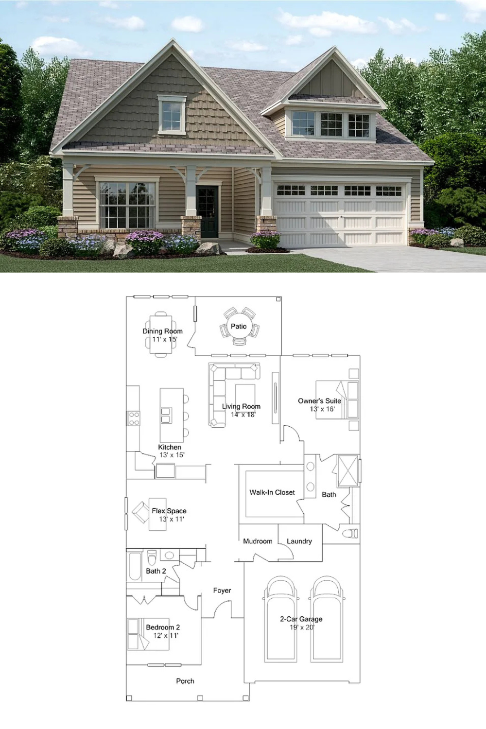 5-Bedroom Traditional-Style with Front Porch and 2-Car Garage (3,310 Sq. Ft. Floor Plan) 