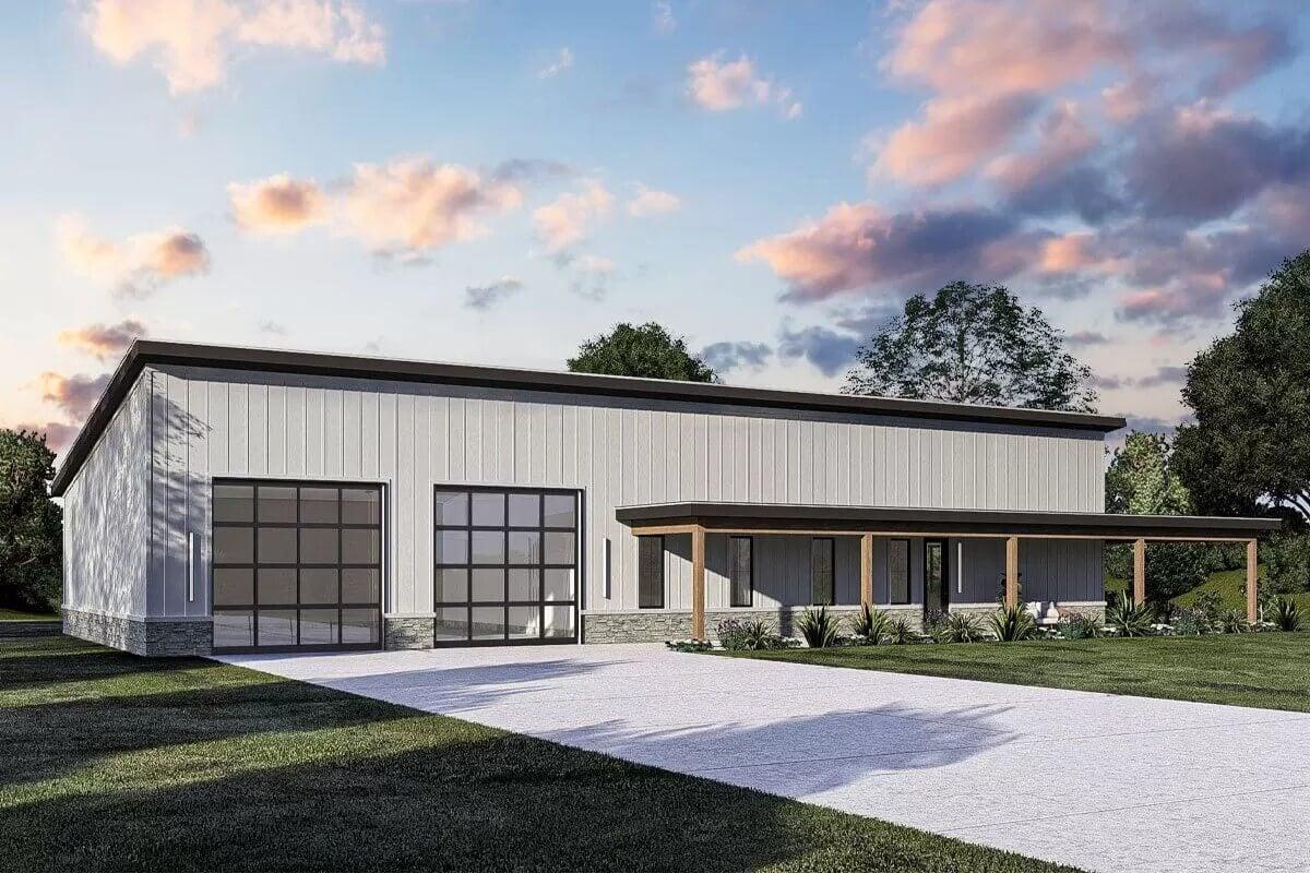 Modern Structure with Large Glass Garage Doors and Pergola Accent