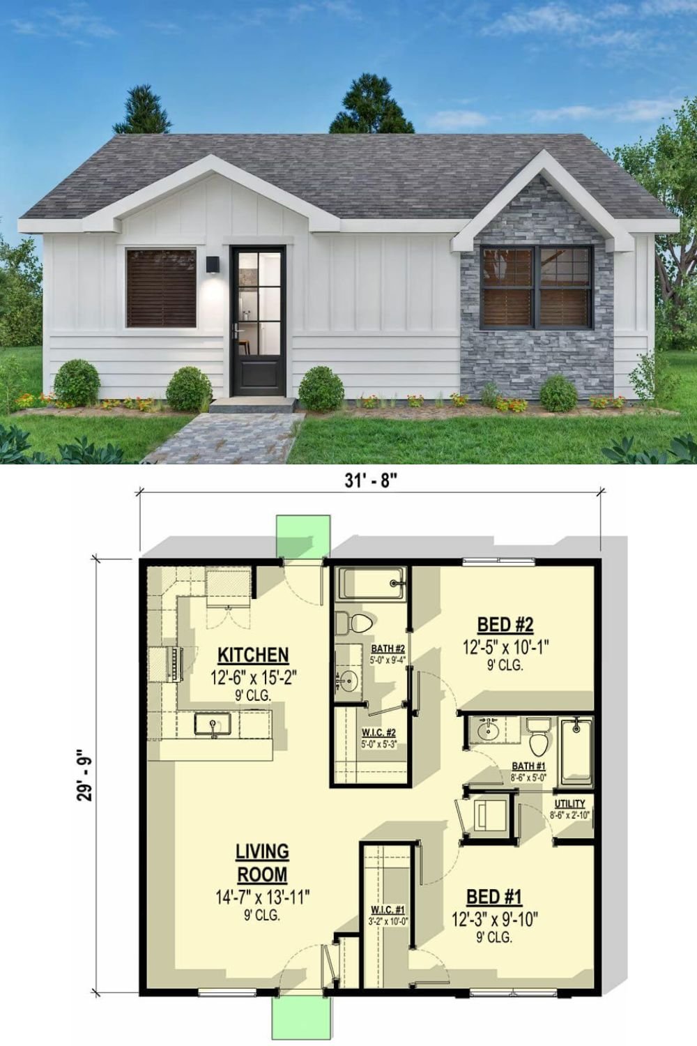 This craftsman-style home features a touch of modern farmhouse aesthetic with clean lines and thoughtful material combinations. Vertical and horizontal siding pair elegantly with tasteful stone accents around one of the front windows, creating visual interest and depth. A stylish front door with large glass panels complements the overall contemporary yet welcoming appearance.