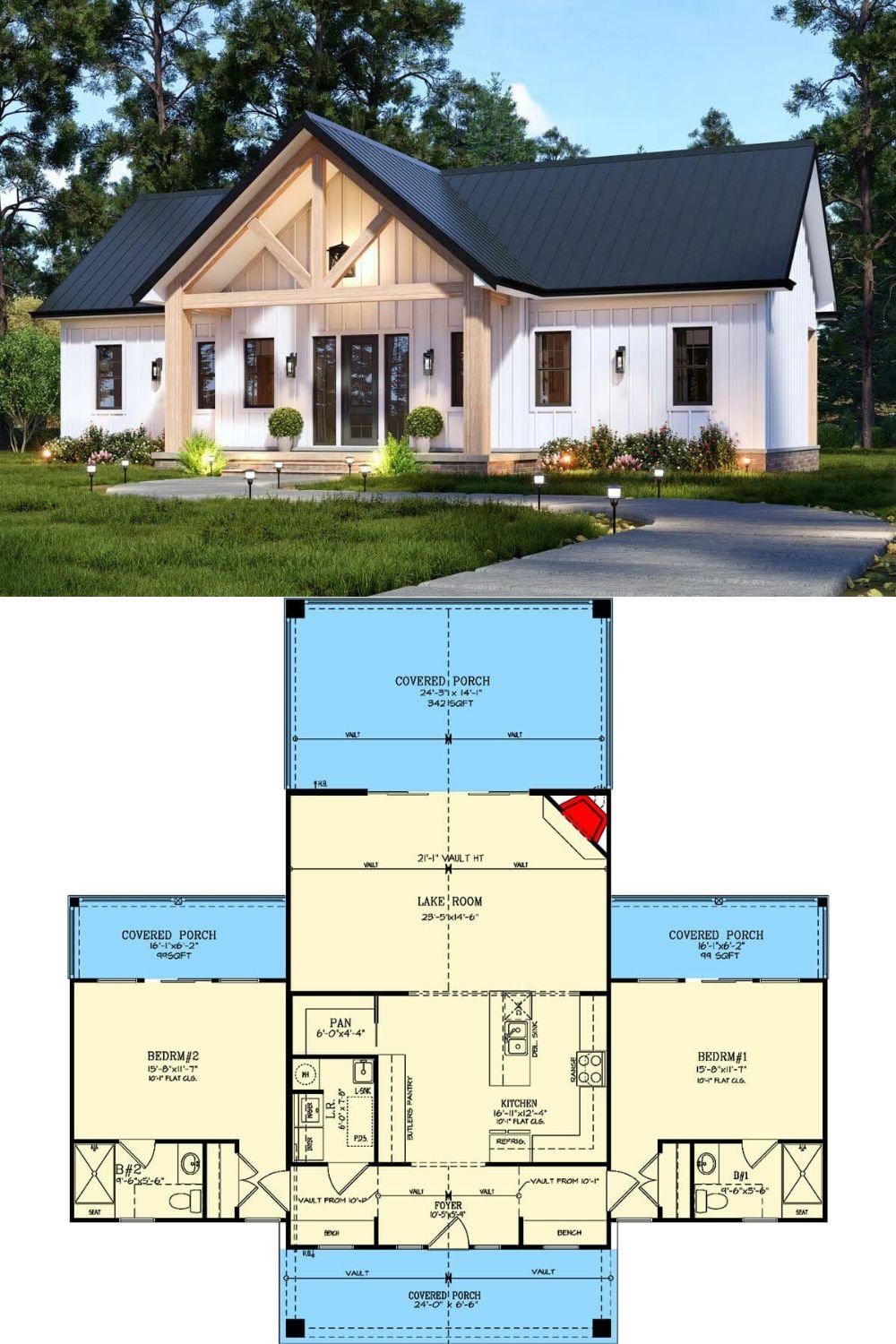 White board and batten siding complemented by natural wood accents give this craftsman cottage a modern farmhouse appeal. The front entrance is framed by a welcoming gabled porch with exposed timber trusses, creating a warm and inviting first impression. Large windows and glass doors enhance the home’s airy and bright aesthetic.
