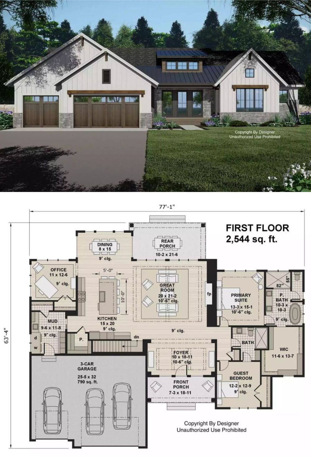 This modern farmhouse blends classic charm with sleek contemporary finishes, showcasing a clean contrast of board and batten siding paired with rustic stonework and warm wood accents. A dark metal roof crowns the structure with a modern flair, while a large set of windows and a glazed front door bring in ample natural light and create a welcoming presence.
