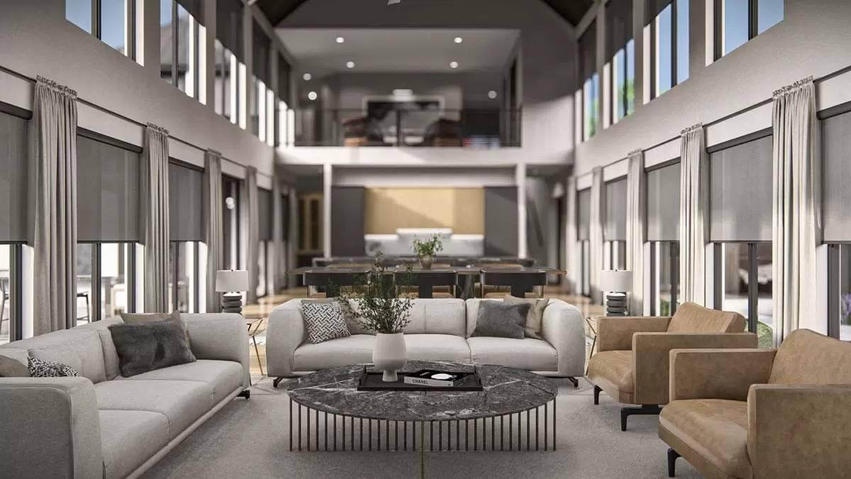 Stunning Two-Story Living Room with Loft and Expansive Windows