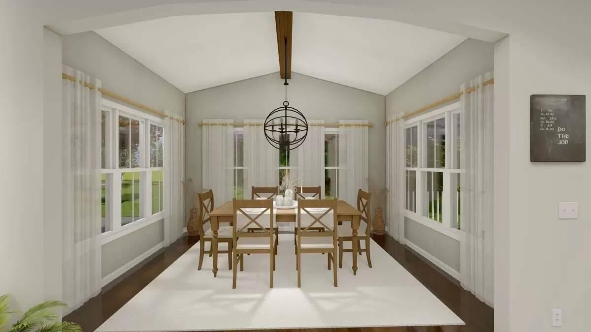 Bright Dining Area with Expansive Windows and Unique Pendant Light
