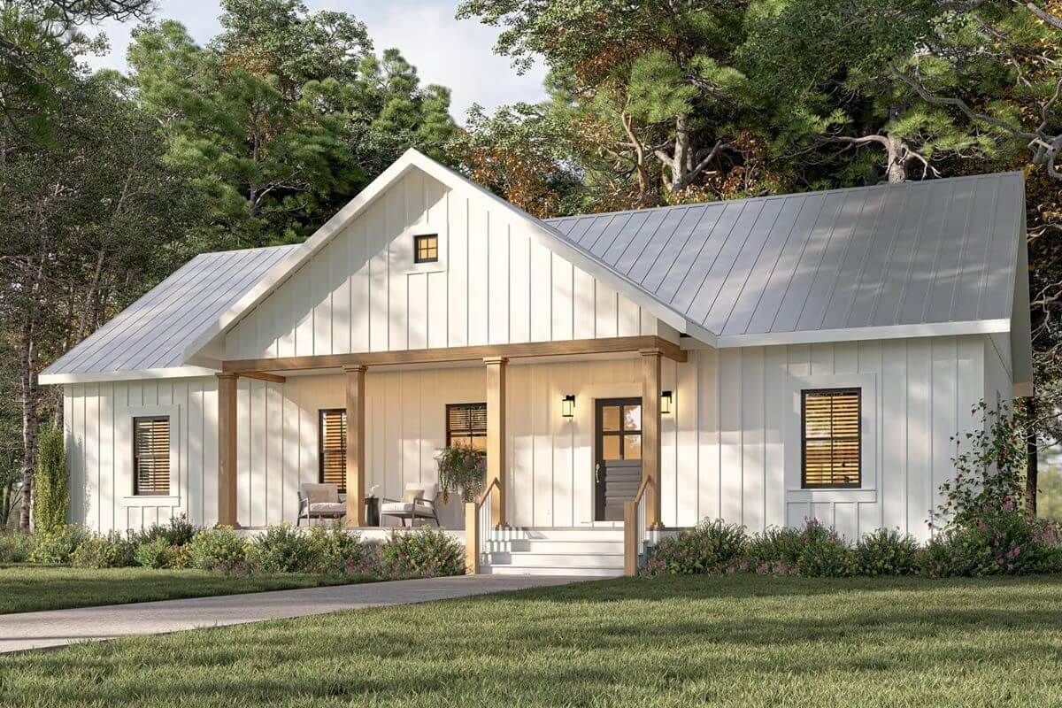 Country-Style 3-Bedroom Ranch with Open Living Space and Covered Front Porch (Floor Plan)
