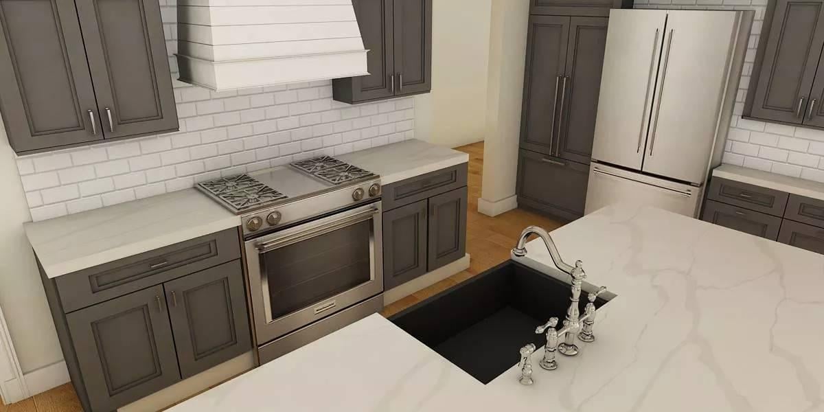 Elegant Craftsman Kitchen with Dark Cabinetry and Subway Tile Backsplash