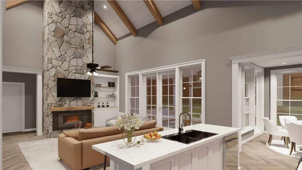 Spectacular Stone Fireplace Anchoring This Vaulted Living Space