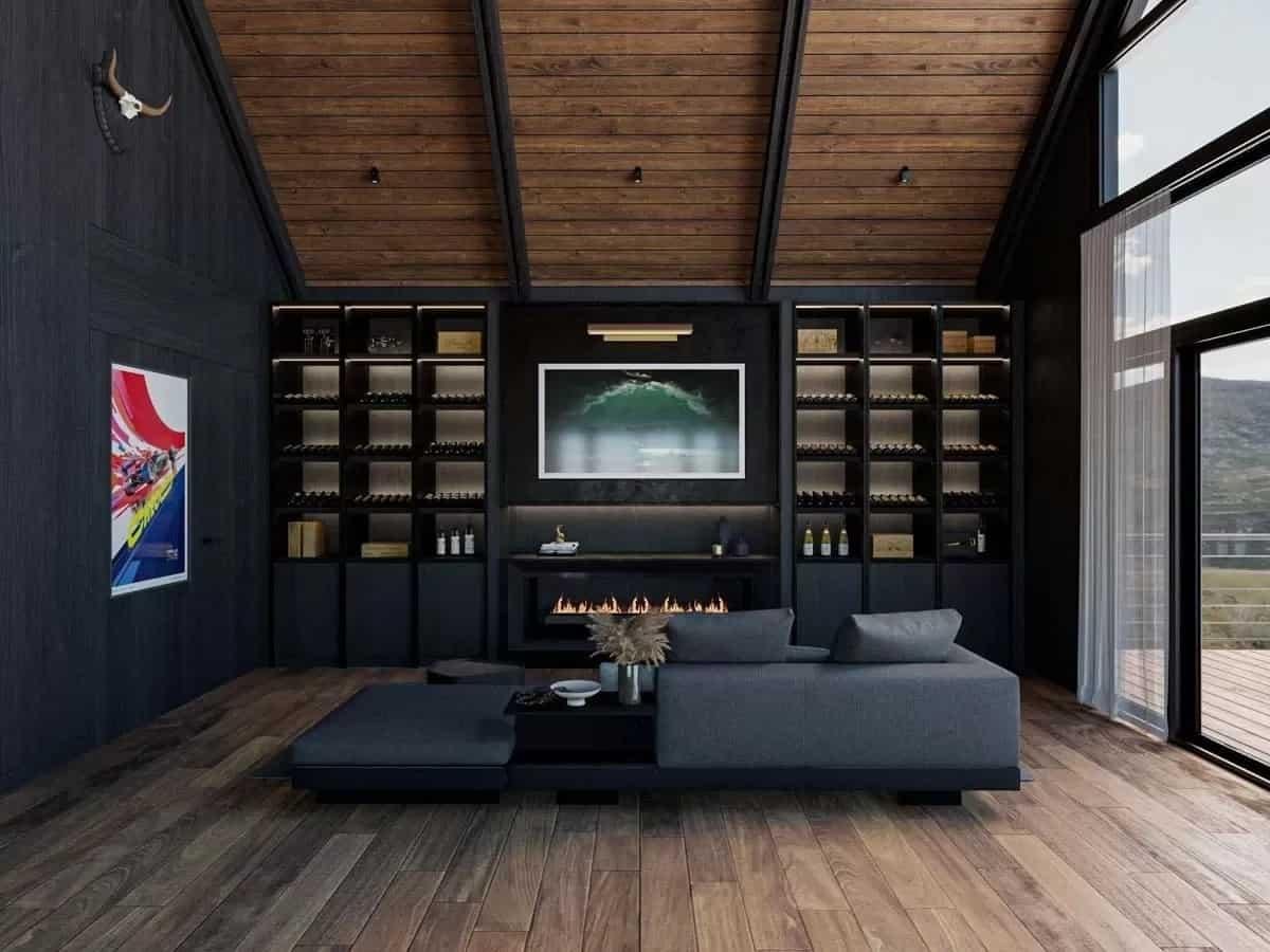 Sleek Living Space with Modern Fireplace and Expansive Wine Storage