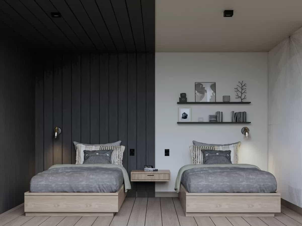 Dual-Toned Bedroom with Clever Symmetry and Floating Shelves