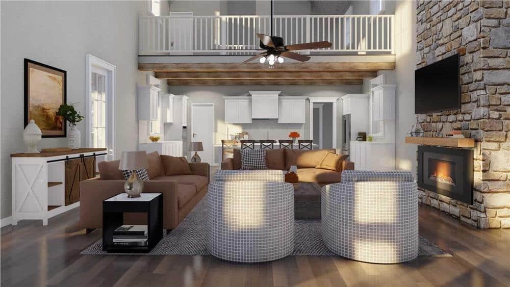 Rustic Living Room with Striking Loft and Exposed Beams