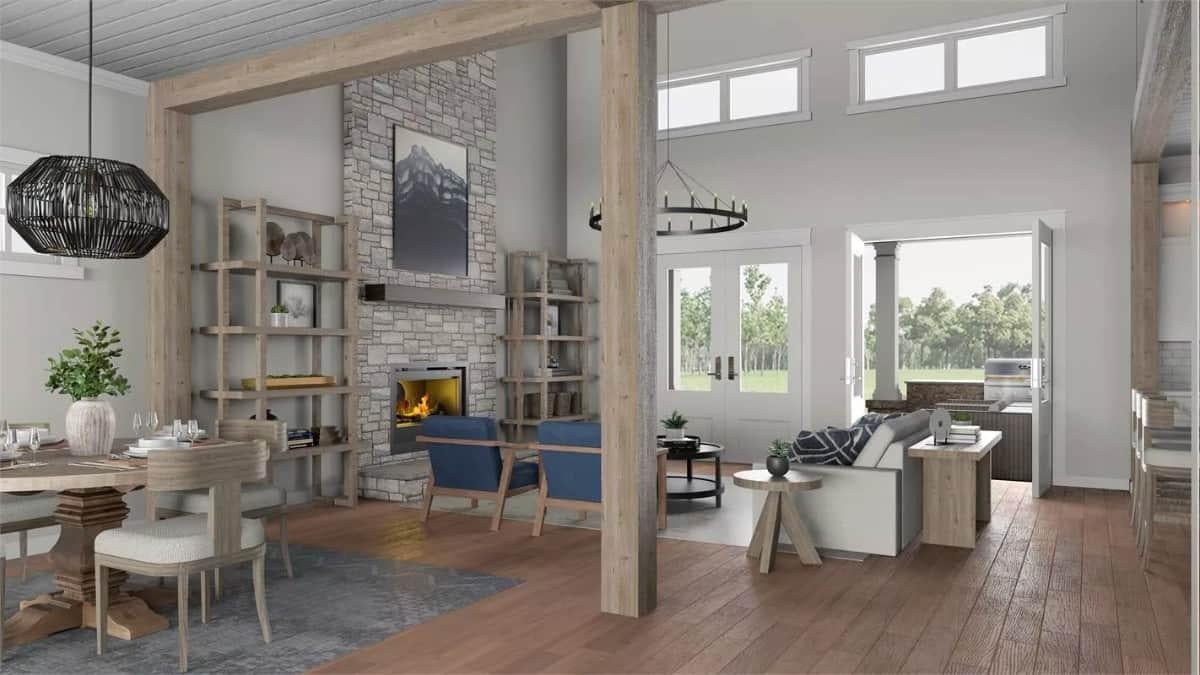 Craftsman Living Room Spotlighting a Stone Fireplace and Wooden Accents