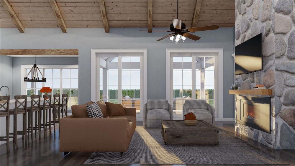 Vaulted Ceilings and Stone Fireplace Make This Living Room a Craftsman Dream