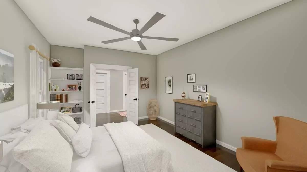 Minimalist Bedroom with Ceiling Fan Focus and Cozy Reading Nook