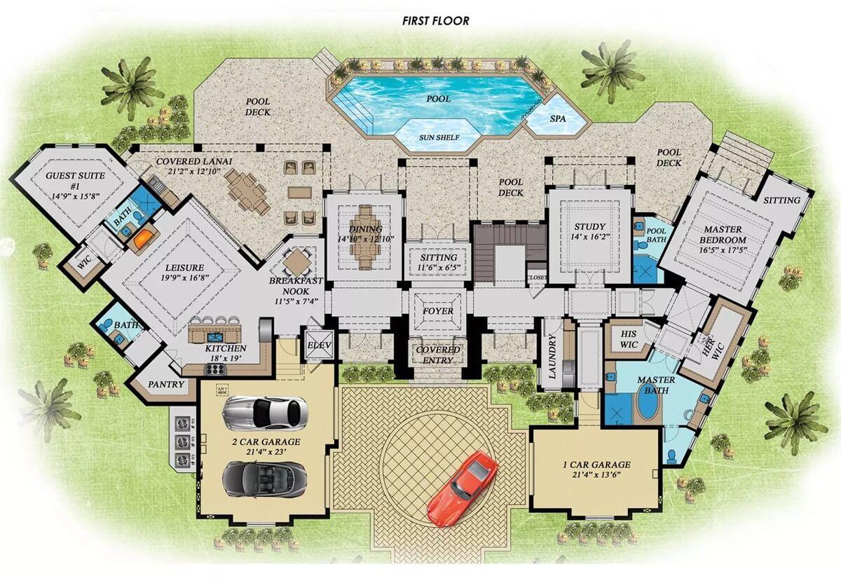 Expansive Floor Plan Featuring a Poolside Oasis and Practical Layout