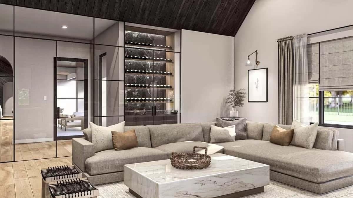 Elegant Living Room with a Stunning Glass-Enclosed Wine Display