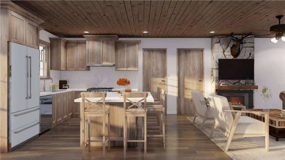 Rustic Kitchen and Living Area with a Seamless Flow and Cozy Fireplace