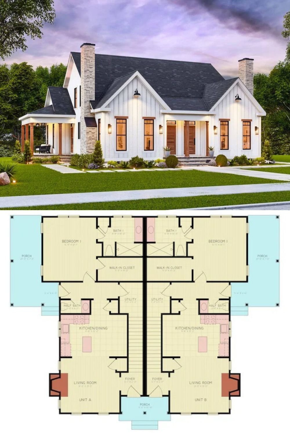 The Henry duplex exemplifies a modern farmhouse aesthetic with its striking combination of white board and batten siding, steep gabled rooflines accented with dark shingles, and contrasting black window frames. Two prominent stone chimneys symmetrically flank the structure, adding visual balance and texture. Warm wooden accents adorn the porch supports and the double entry doors, enhancing the welcoming and contemporary appearance.