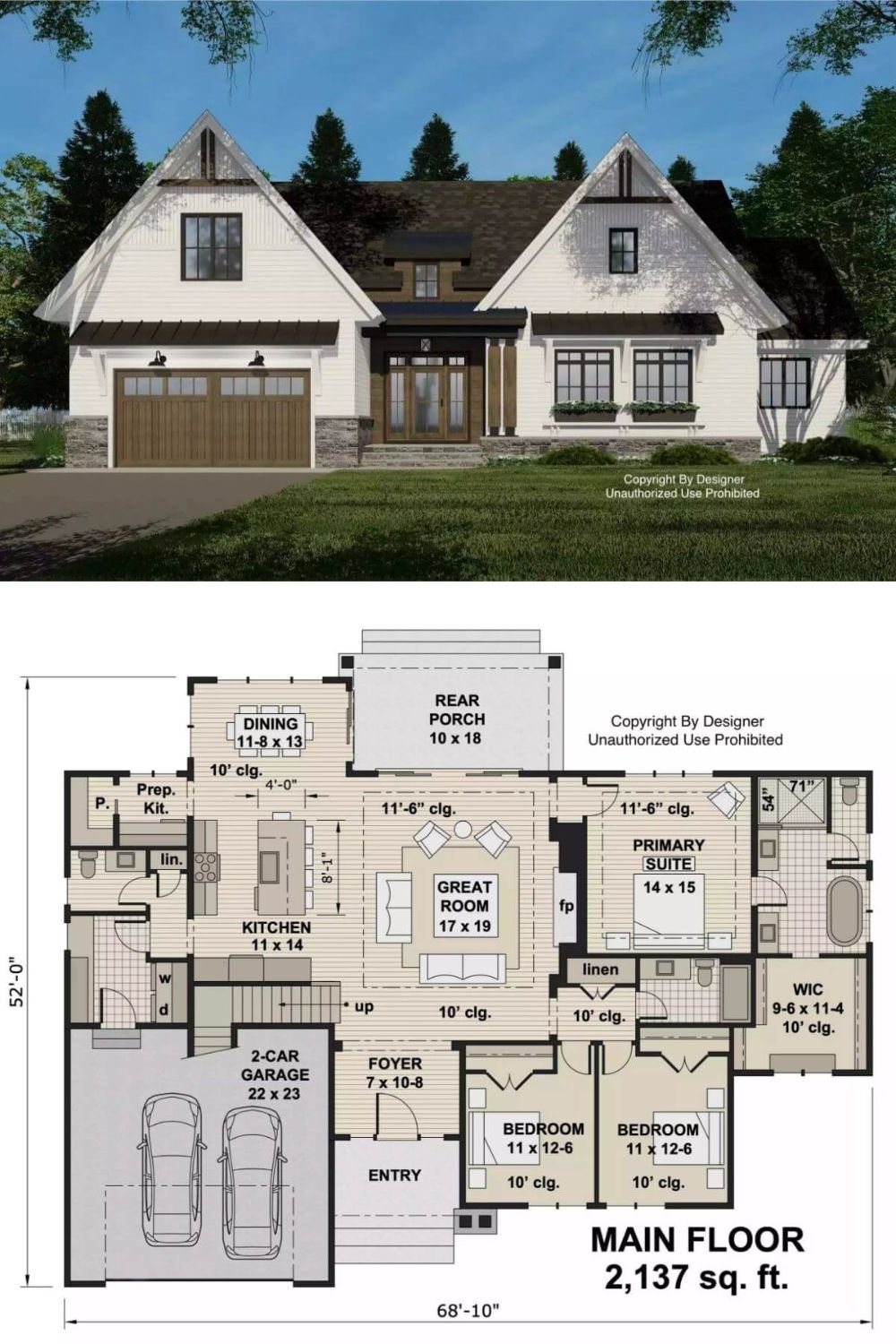 This 3-bedroom home features a modern farmhouse exterior with a balanced combination of classic charm and contemporary style. Tall, steeply pitched gables and board and batten siding create a striking façade, while the wood-accented garage doors and stonework bring warmth and texture. A covered entryway with a gabled roof leads to a glazed front door, framed by large windows that allow natural light to pour into the home.