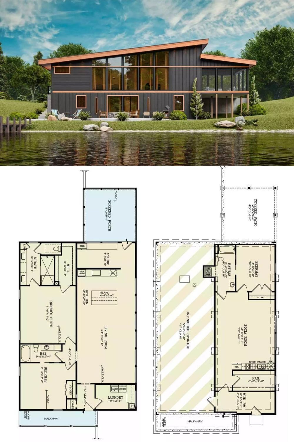 This contemporary home embraces a modern architectural style with a striking asymmetrical roofline and expansive glass elements. The exterior features dark vertical siding complemented by warm wood accents, creating a bold yet inviting facade. Large windows maximize natural light and frame picturesque views, making this design ideal for a lakeside or scenic setting.