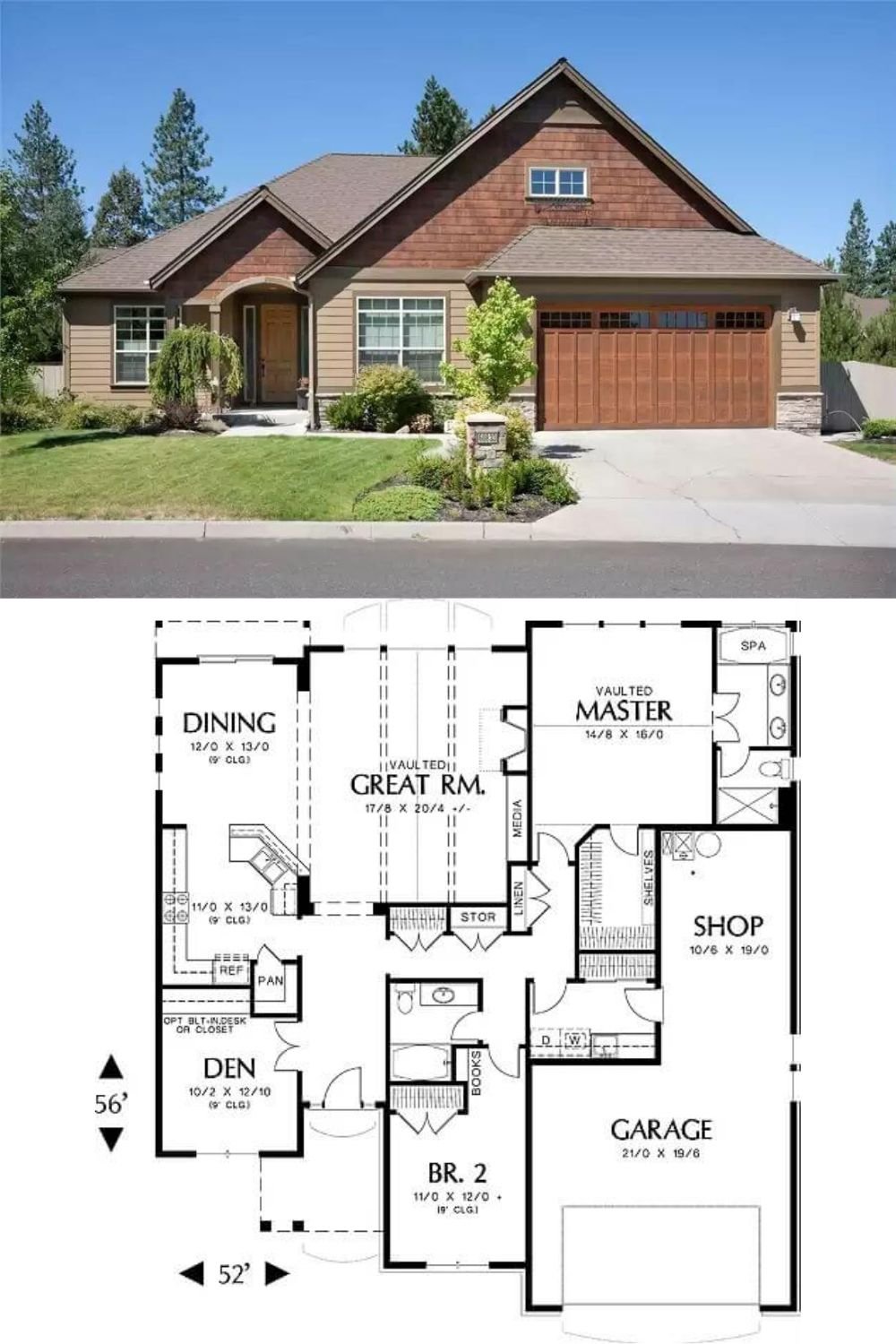 This craftsman-style home exudes a rustic charm with gable rooflines, a mix of siding and shingle textures, and a front-facing two-car garage with wood-style doors. The covered entryway leads to a central door flanked by two front-facing windows. Architectural detailing emphasizes clean lines and traditional character.
