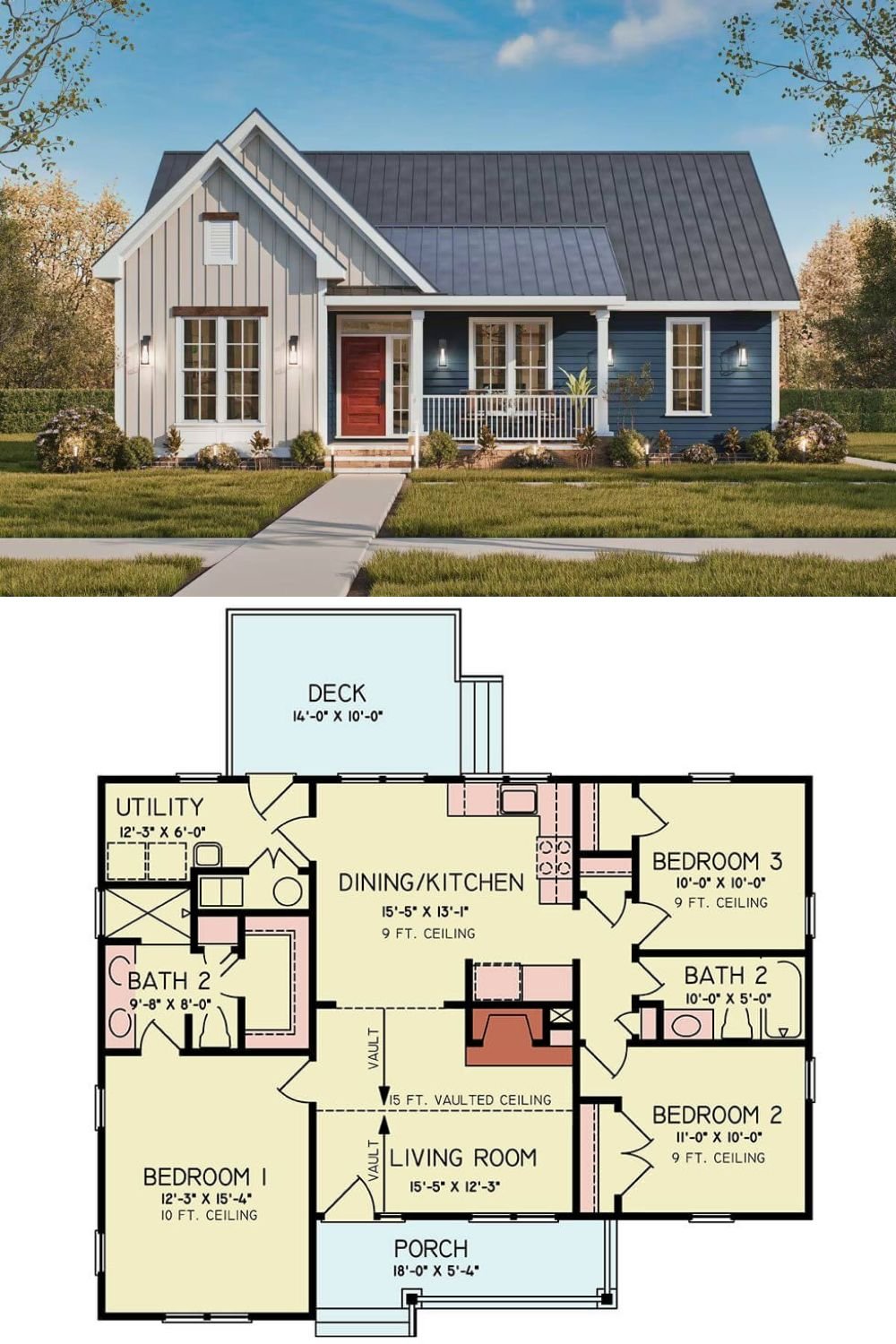 This charming cottage-style home blends classic appeal with a modern touch featuring a striking contrast in siding, with one half clad in crisp vertical board and batten and the other in horizontal lap siding, creating a balanced and eye-catching design. The front porch, supported by white columns, adds a welcoming touch and creates a cozy spot to relax. Accents like the warm redwood front door and rustic trim above the windows enhance the home's character and warmth.