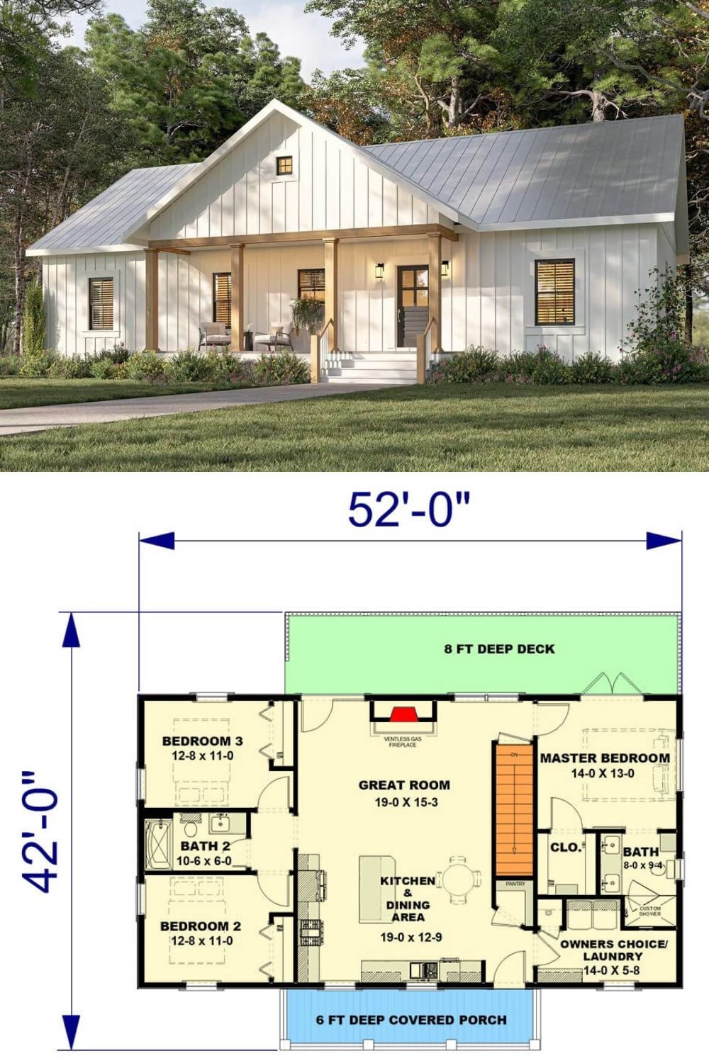 This country ranch home presents a charming, timeless look with white board and batten siding, a sleek metal roof, and simple yet elegant wooden porch columns and railings. The covered front porch offers a cozy space for relaxation, accented by symmetrical windows and a centered entryway that enhance the home’s balanced and inviting facade.