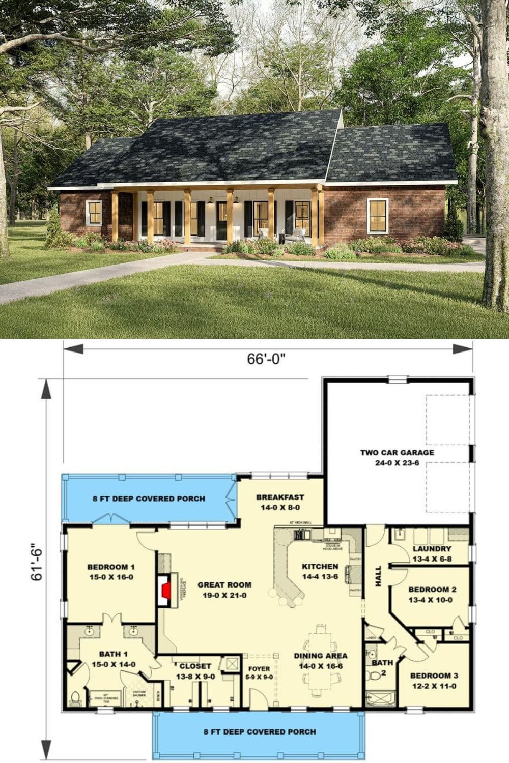 This farmhouse-style home features a timeless and inviting exterior with a combination of brick and board and batten siding. A large covered front porch, supported by wooden columns, stretches across the front, offering a welcoming and functional outdoor space. The dark roof provides contrast against the warm brick and light siding, giving the home a classic yet modern appeal.