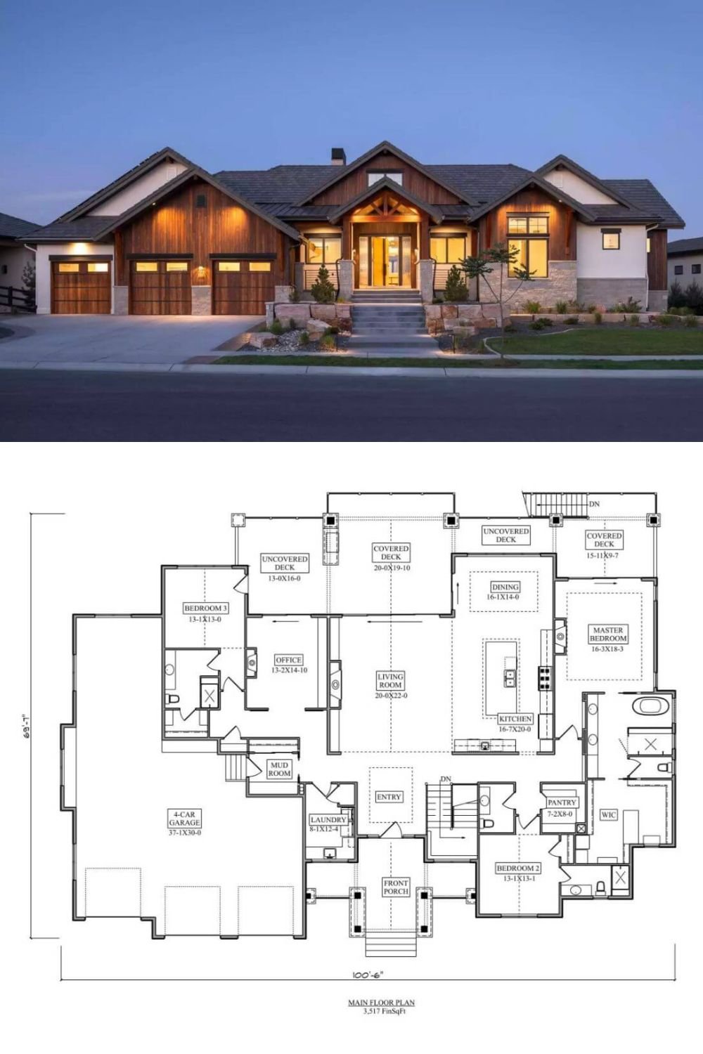This modern craftsman-style home features a striking combination of wood siding and stone accents, accented by large gables and a symmetrical roofline that emphasizes the inviting character of the home. The entry is flanked by bold columns and a deep covered porch that leads into the home’s bright, open interior. The garage doors match the wood tones of the exterior, seamlessly integrating with the overall aesthetic.
