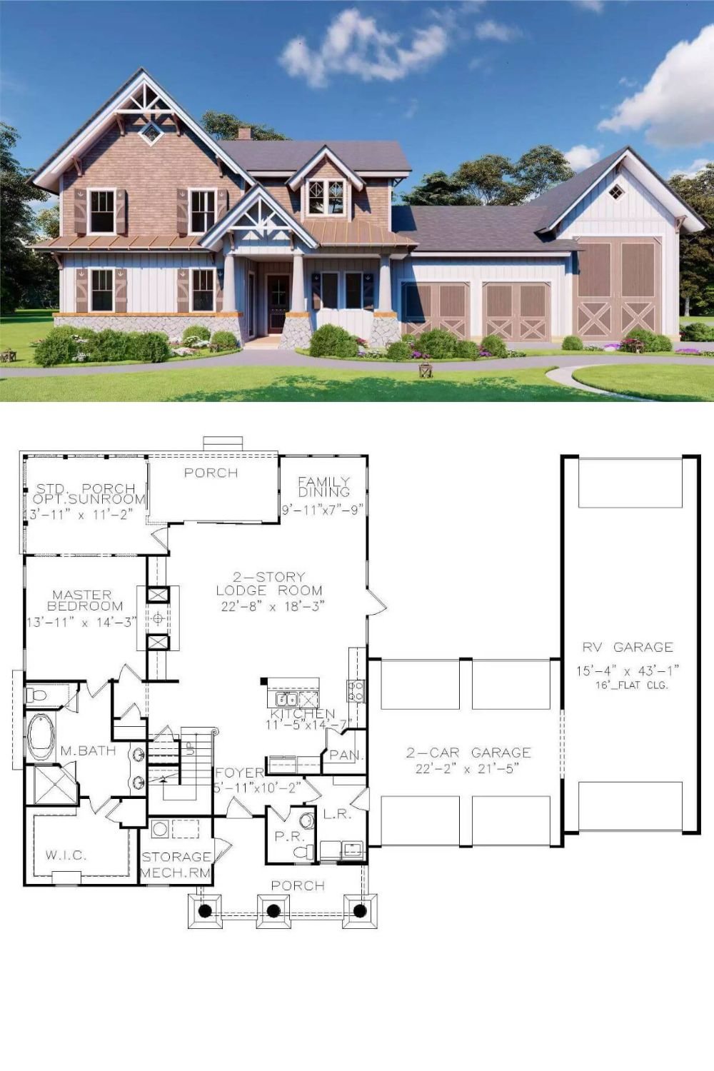 This barndominium-style home blends farmhouse warmth with lodge-style details, featuring a gabled roofline, board and batten siding, and a covered entry supported by stone-based columns. Natural wood accents on shutters and garage doors add rustic appeal, while the overall structure offers a timeless yet modern aesthetic.