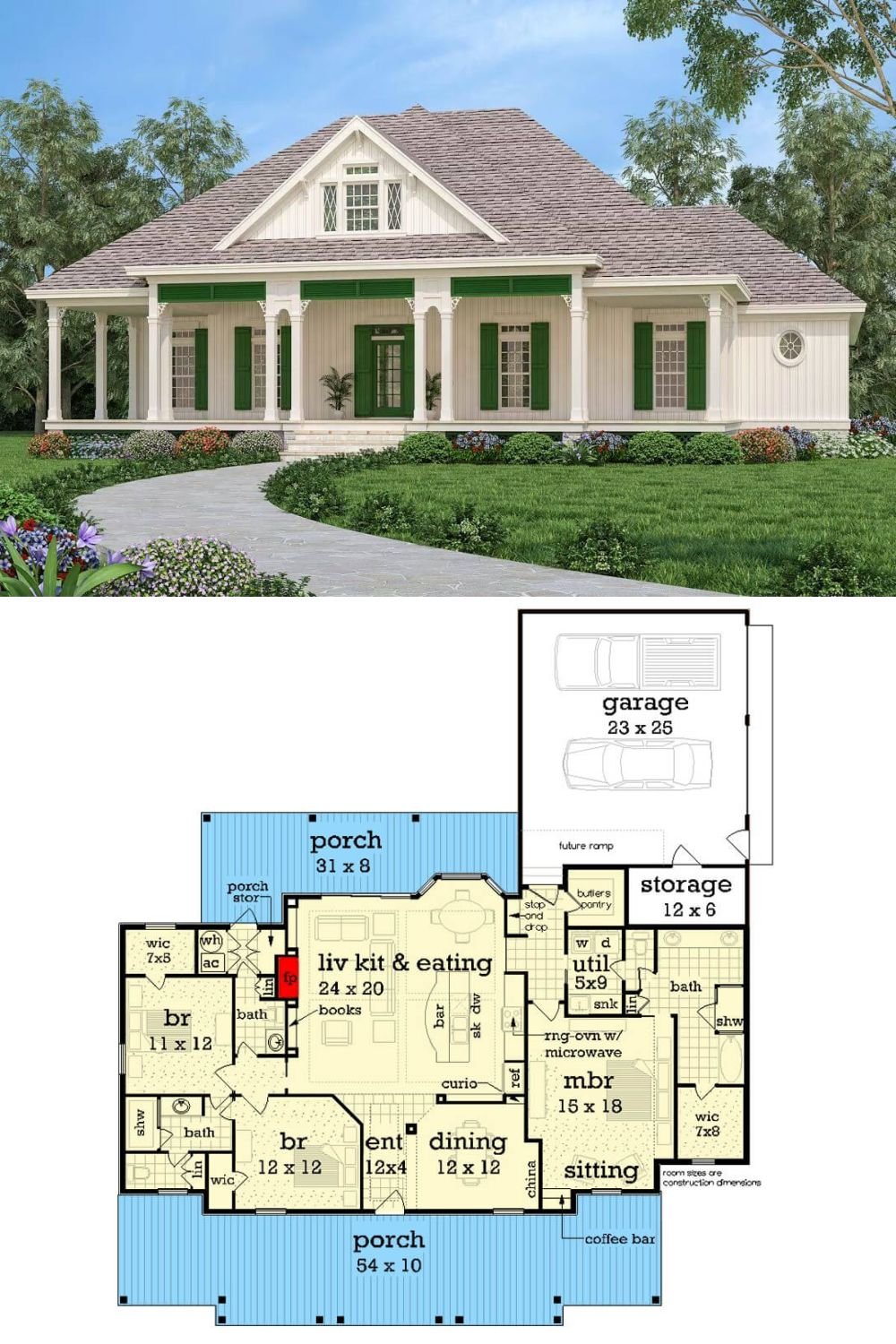 The home features a charming southern cottage design with a welcoming front porch that extends across the façade, offering a classic and inviting appeal. The exterior showcases a combination of traditional siding and gabled rooflines, contributing to its timeless aesthetic. The covered porch provides a perfect spot for relaxation, adding to the cozy yet elegant feel of the residence.