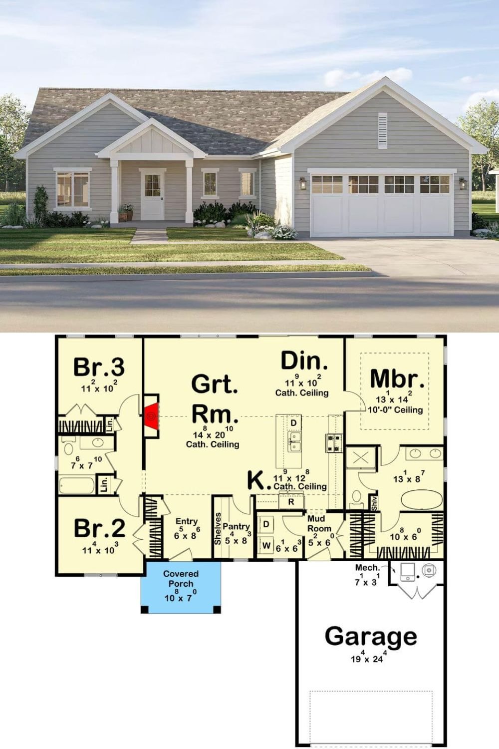 This traditional ranch-style home presents a timeless exterior with clean horizontal siding, classic gable rooflines, and a covered front porch supported by tapered columns. The attached two-car garage is seamlessly integrated into the design with carriage-style doors and transom windows that add charm and symmetry to the façade.