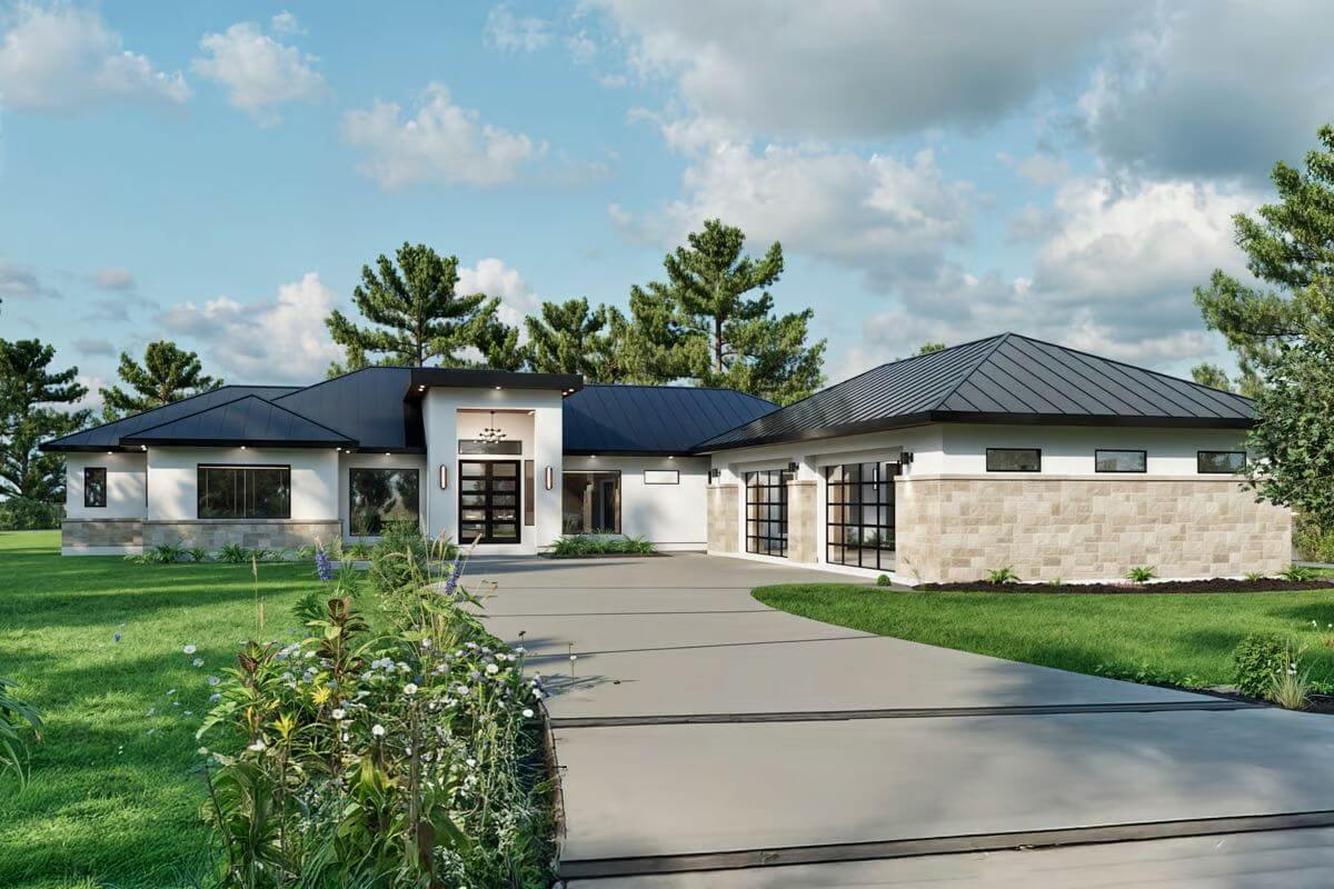 Transitional-Style 3-Bedroom Home with Bar and 4-Car Garage (Floor Plan)