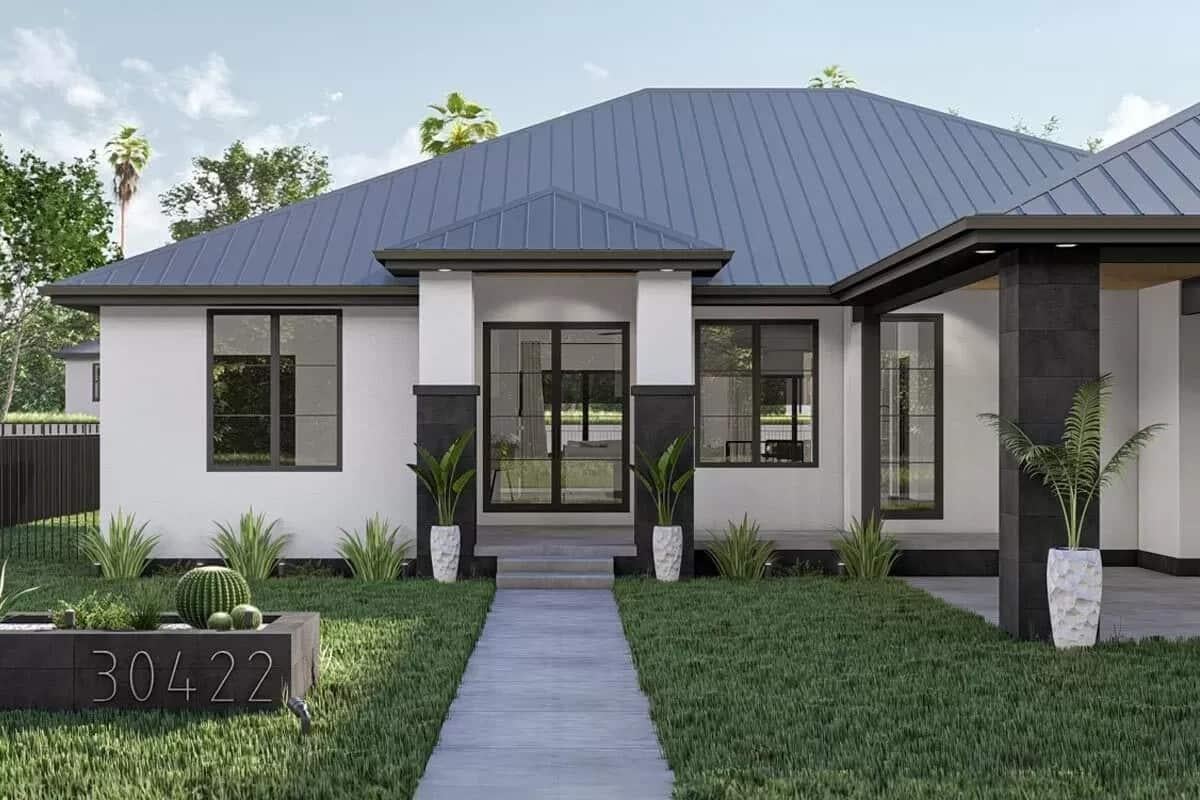Contemporary Home Entry with Bold Black Accents and Metal Roof