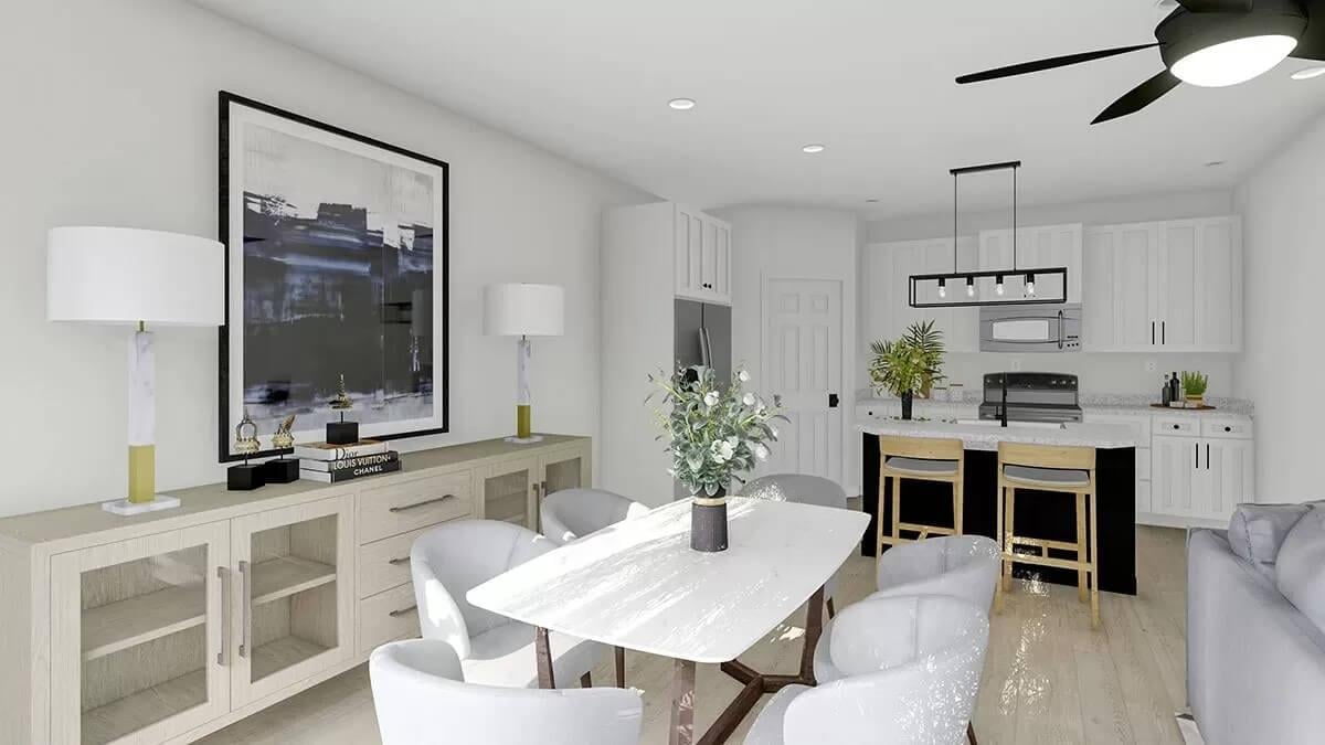 Check Out the Minimalist Artwork and Chic Pendant in This Dining Space