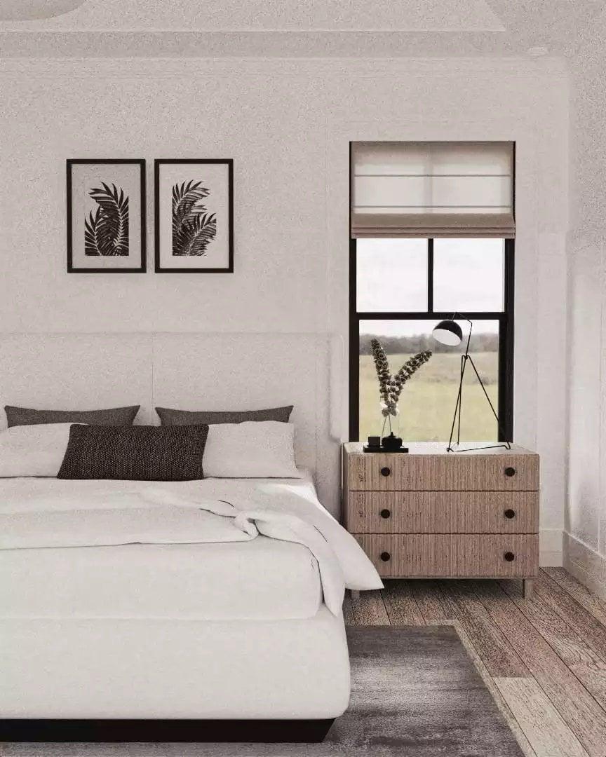 Serene Bedroom with Textured Nightstand and Black Window Frame