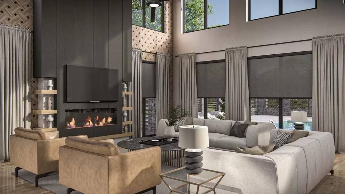 Modern Living Room with a Bold Fireplace and Open Views