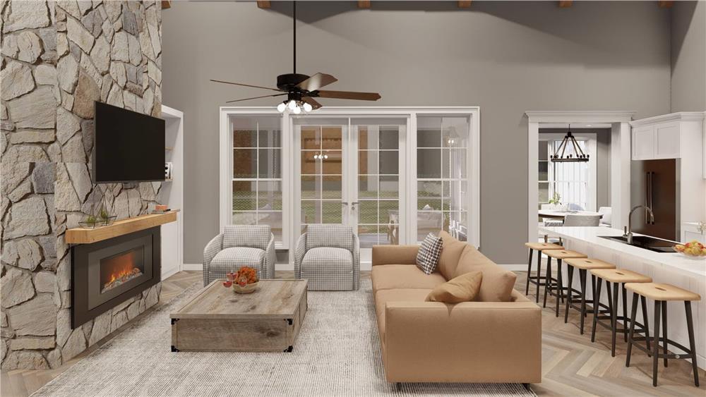 Spacious Living Room Featuring a Striking Stone Fireplace