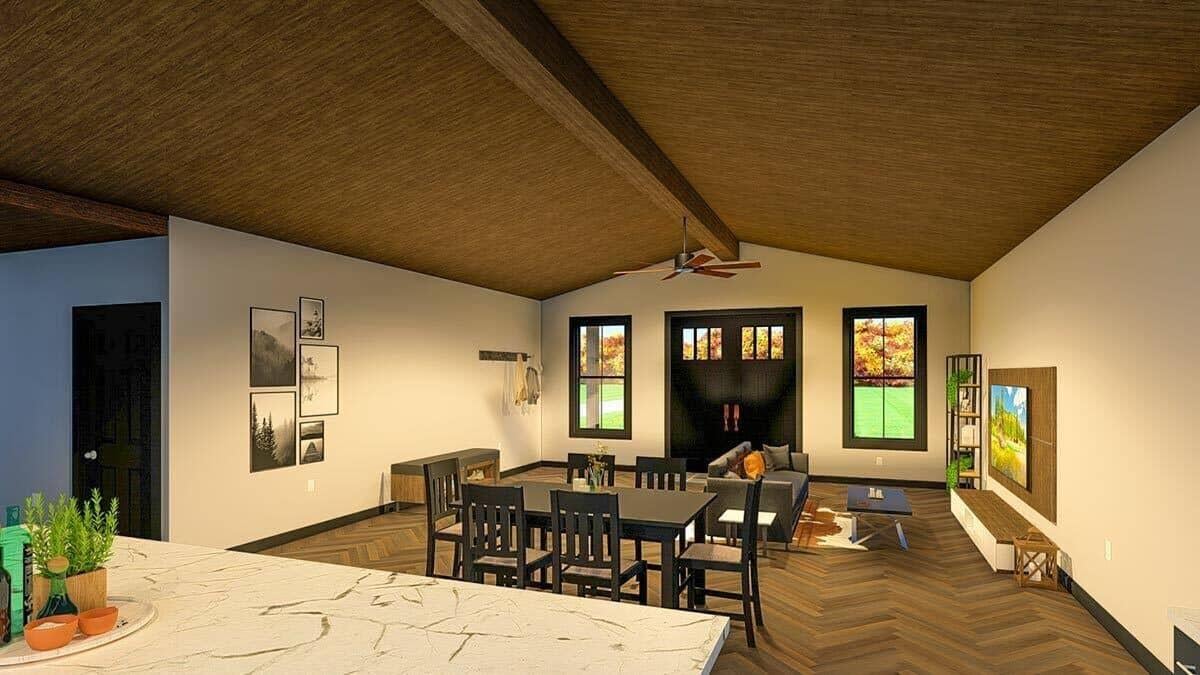 Explore the High Ceilings and Rich Wood Tones in This Living Space