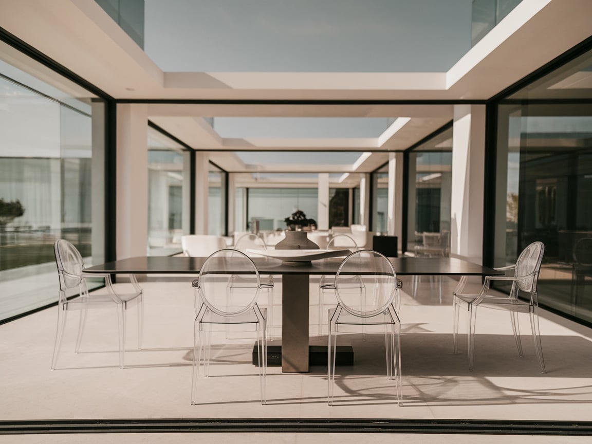 2. Sleek Minimalist Dining Room with Transparent Chairs