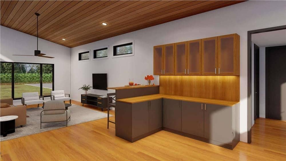 Spot the Cozy Wood Ceilings and Modern Built-in Bar Area