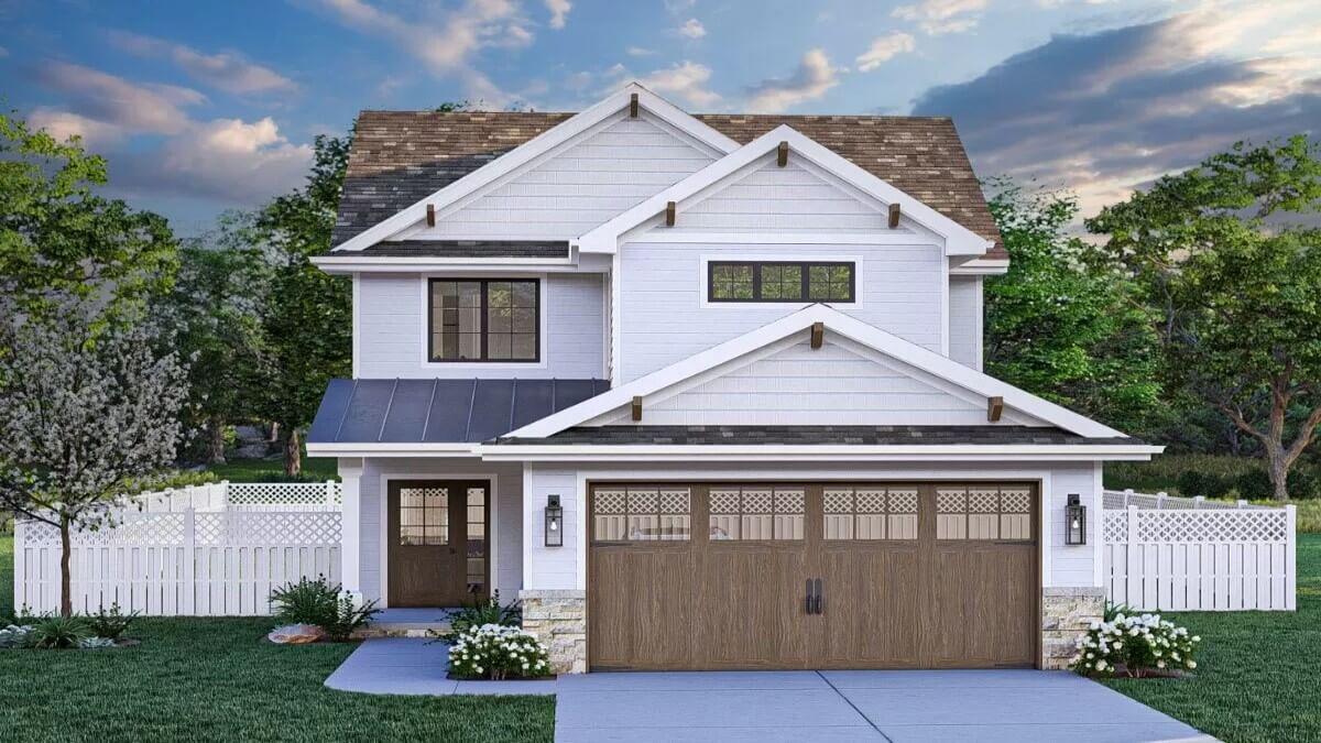 Craftsman Home with Eye-Catching Gable Detailing and a Warm Wooden Garage Door