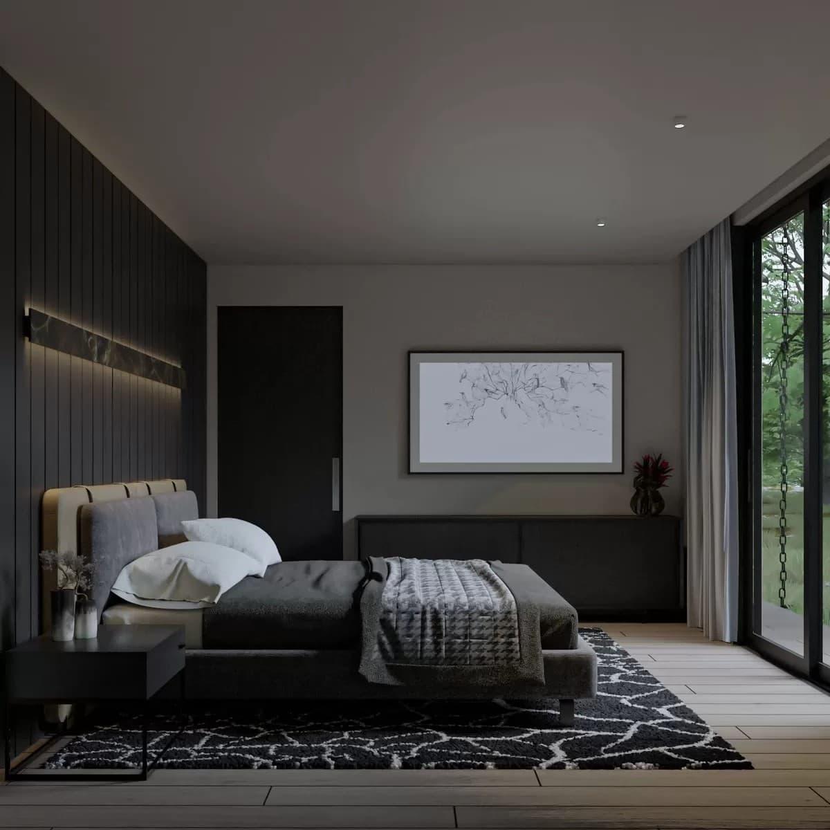 Modern Bedroom with a Striking Dark Palette and Floor-to-Ceiling Windows